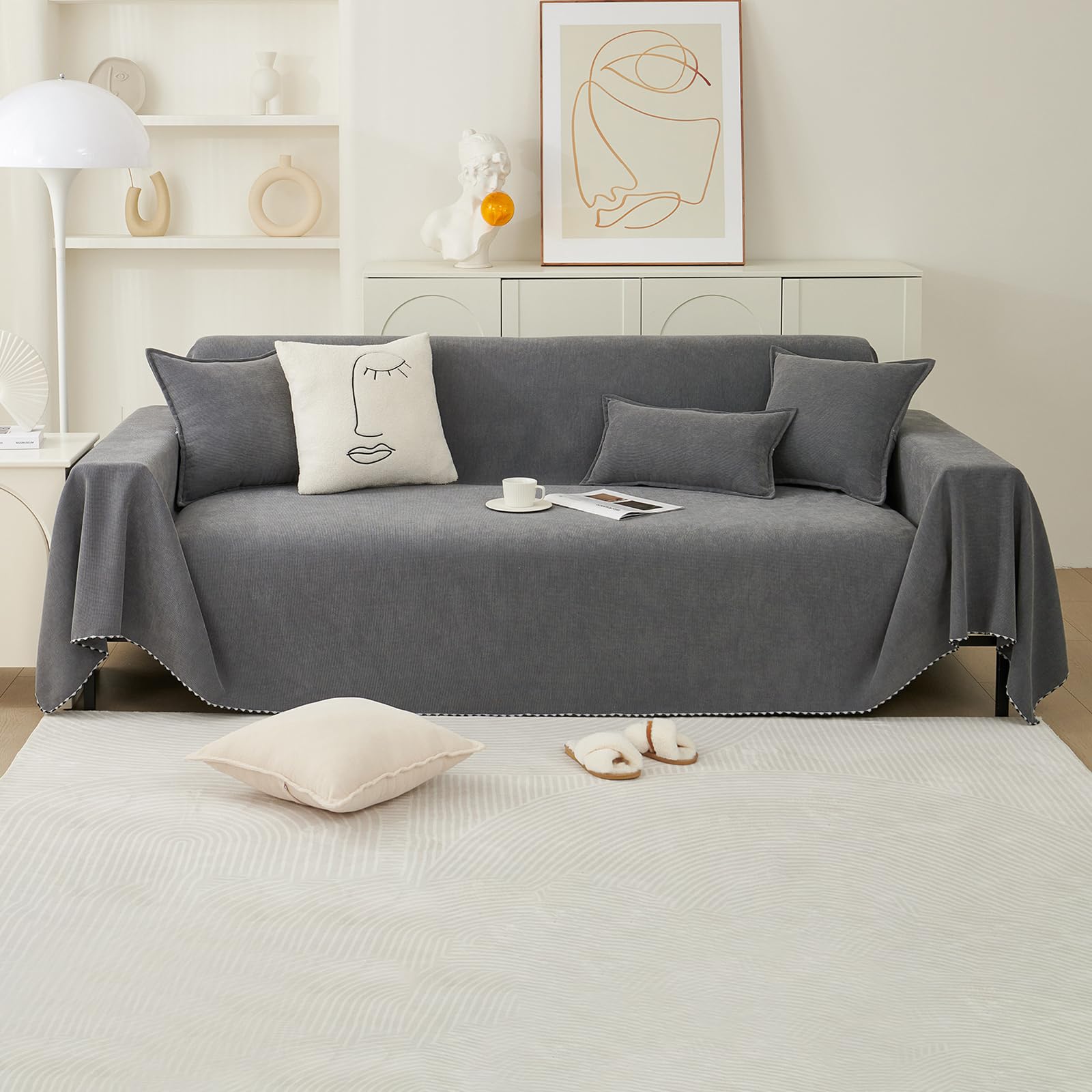 Funda Sofa, Funda de Sofá de Chenilla, Manta de Sofá Multifuncional, Protector de Sofá Reversible, Cojín de Sofá Cuatro Estaciones 180 * 130cm-Gris Scuro