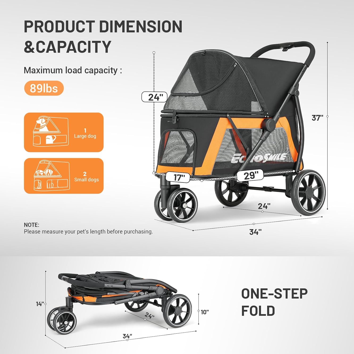 EchoSmile Dog Stroller for Medium & Small Dogs, Foldable Pet Stroller with 3 Wheels & Brakes, All-Terrain Cat Dog Carrier with Breathable Mesh, Safety Leash and Storage Pocket, Black
