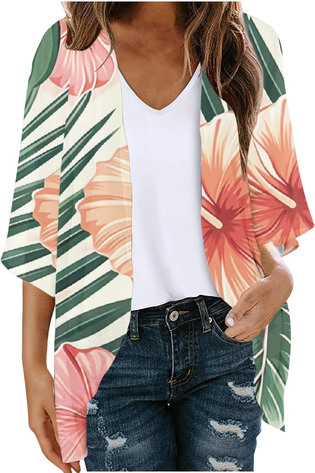 Wkishenl Women's 3/4 Sleeve Cardigan Summer Lightweight Cardigans Solid Draped Front Open Tops Casual Comfy Going Out Shirts