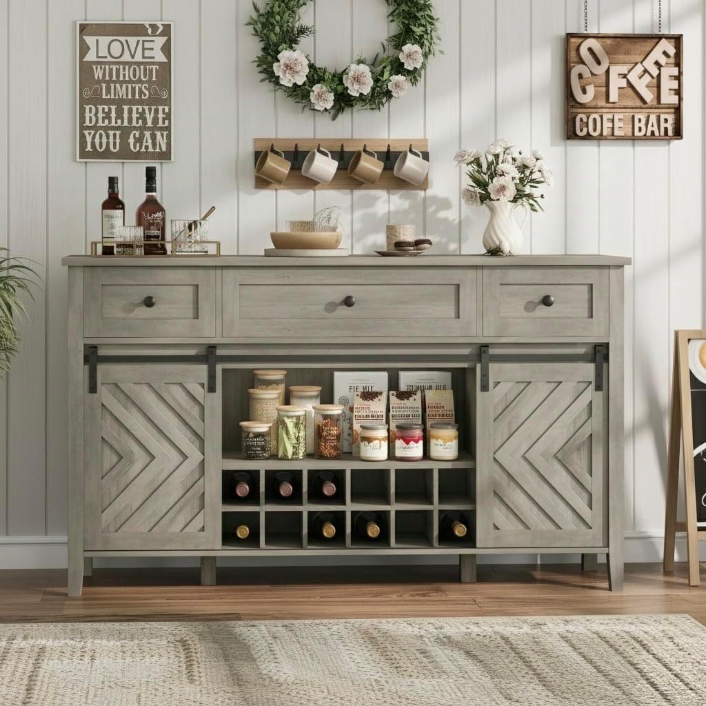 Garvee Farmhouse 47.2' Bar Cabinet with Adjustable Shelf and Sliding Barn Door, Buffet Cabinet with Removable Rack and 3 Drawer for Dining Room, Kitchen, Living Room