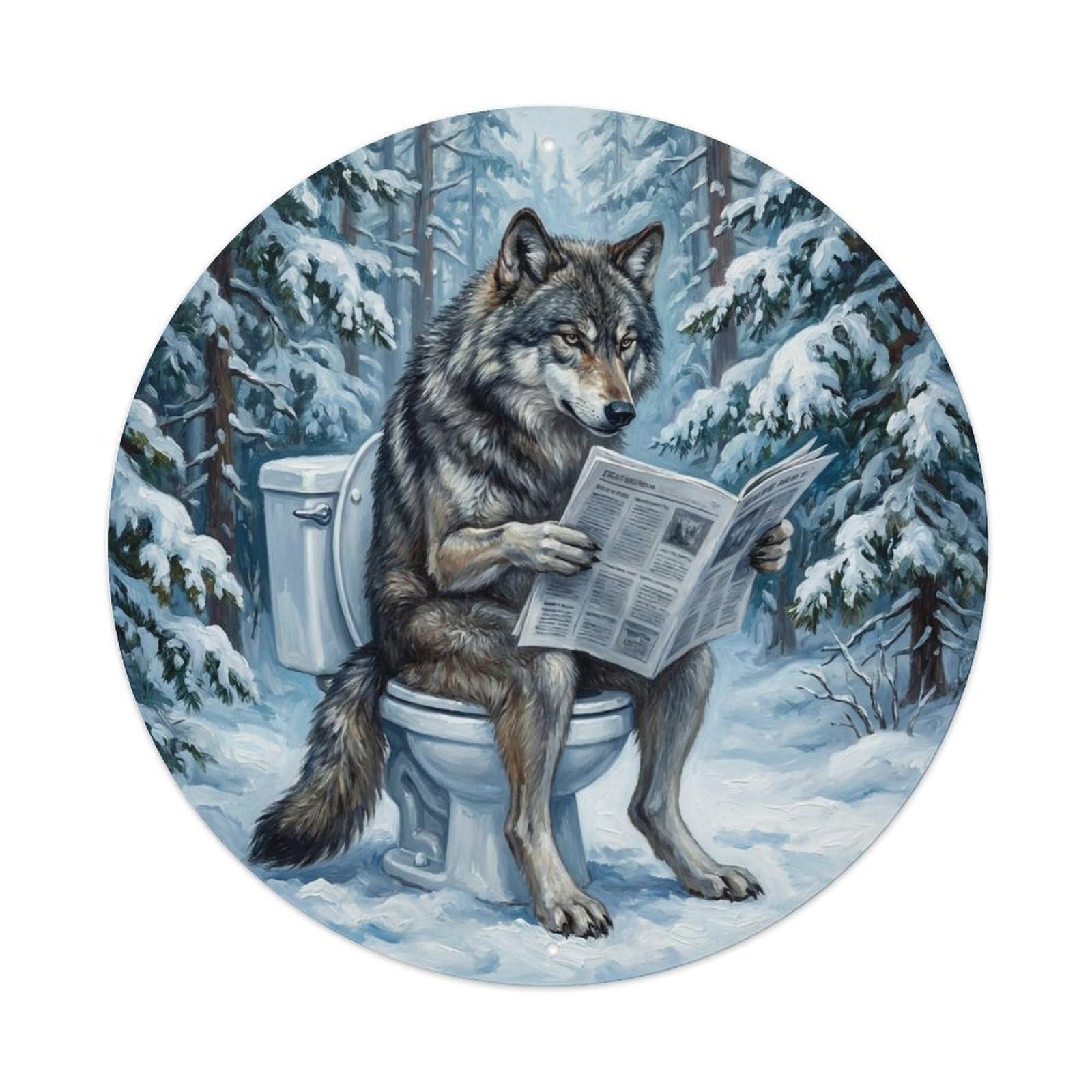 Wolf On Toilet Humorous Bathroom Snowy Pine Forest Metal Tin Sign