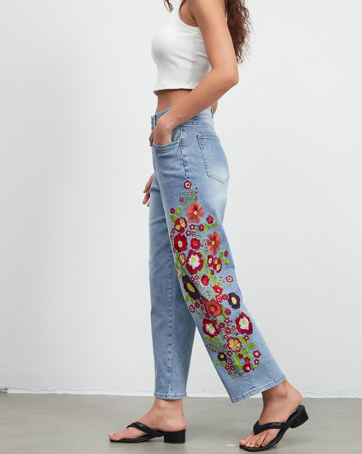 EZAPINE Straight Leg Cropped Jeans for Women Trendy Mid Rise Floral Print Boho Casual Denim Ankle Pants image 5