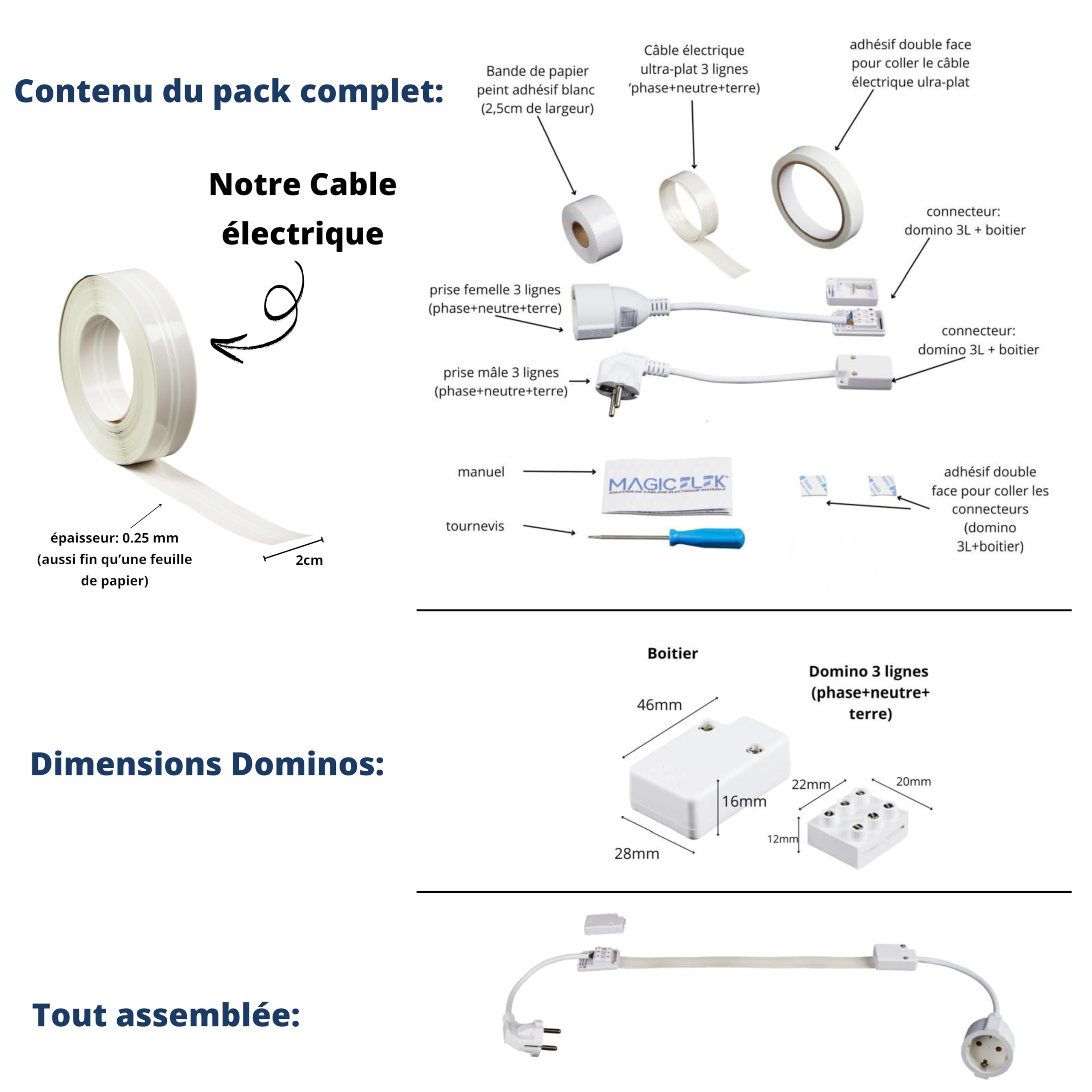Câble électrique invisible ultra plat 5M 230V/16A – 3 LIGNES - disparaît sous peinture, papier peint, carrelage… Fini les goulottes passe câble…
