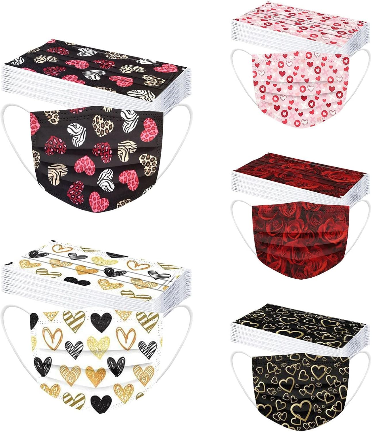 Valentines Day Disposable Face Cover for Adults Women,3-Ply Comfortable Breathable with Cute Heart Printed Pattern,50Pcs