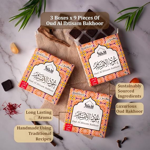Oud Al Ibtisam Bakhoor by Dukhni | 3 Boxes x 9 Piece Each | Arabic Bakhoor Incense| Warm Floral Oud Blend | Perfect for Prayer Time | to Relax & Meditate | Handmade Traditional Recipe