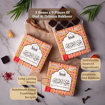 Oud Al Ibtisam Bakhoor by Dukhni | 3 Boxes x 9 Piece Each | Arabic Bakhoor Incense| Warm Floral Oud Blend | Perfect for Prayer Time | to Relax & Meditate | Handmade Traditional Recipe