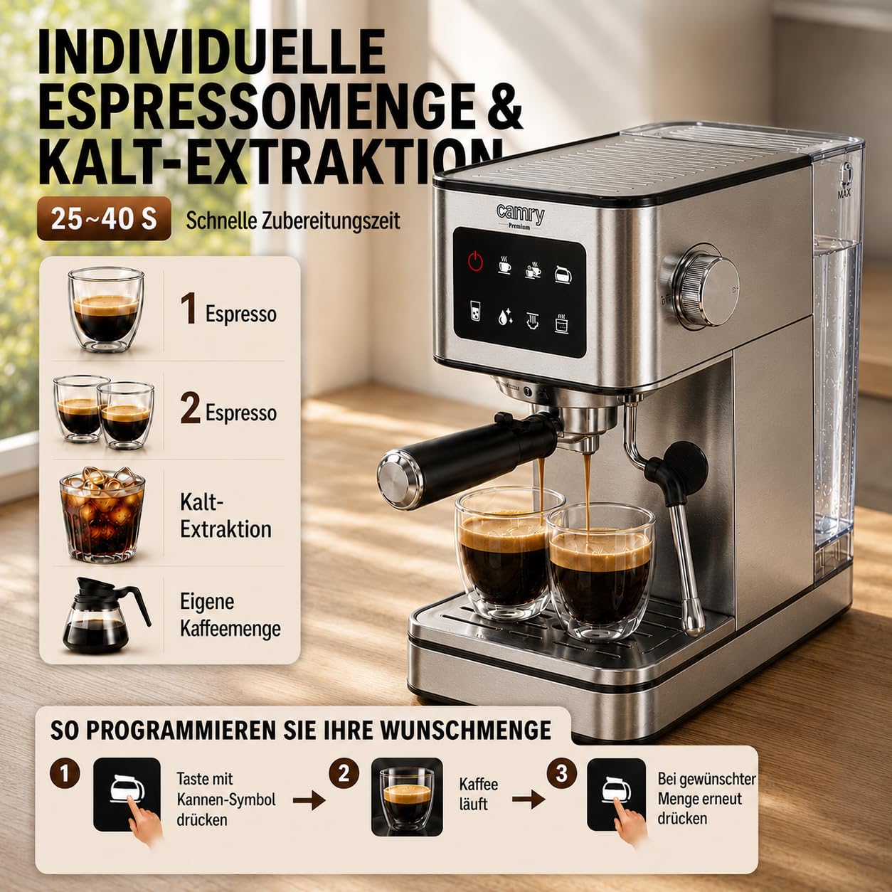 CAMRY CR 4389 Espressomaschine 7-in-1 – Milchaufschäumer, 1,7-l-Wassertank