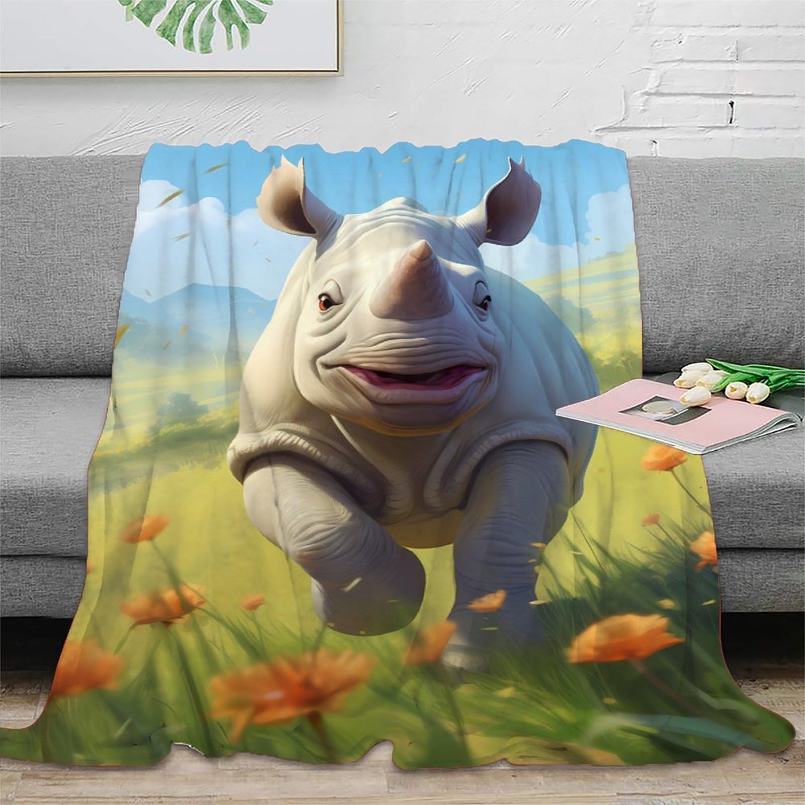 Couverture Happy Rhino en microfibre 150x200cm pour lit et canapé