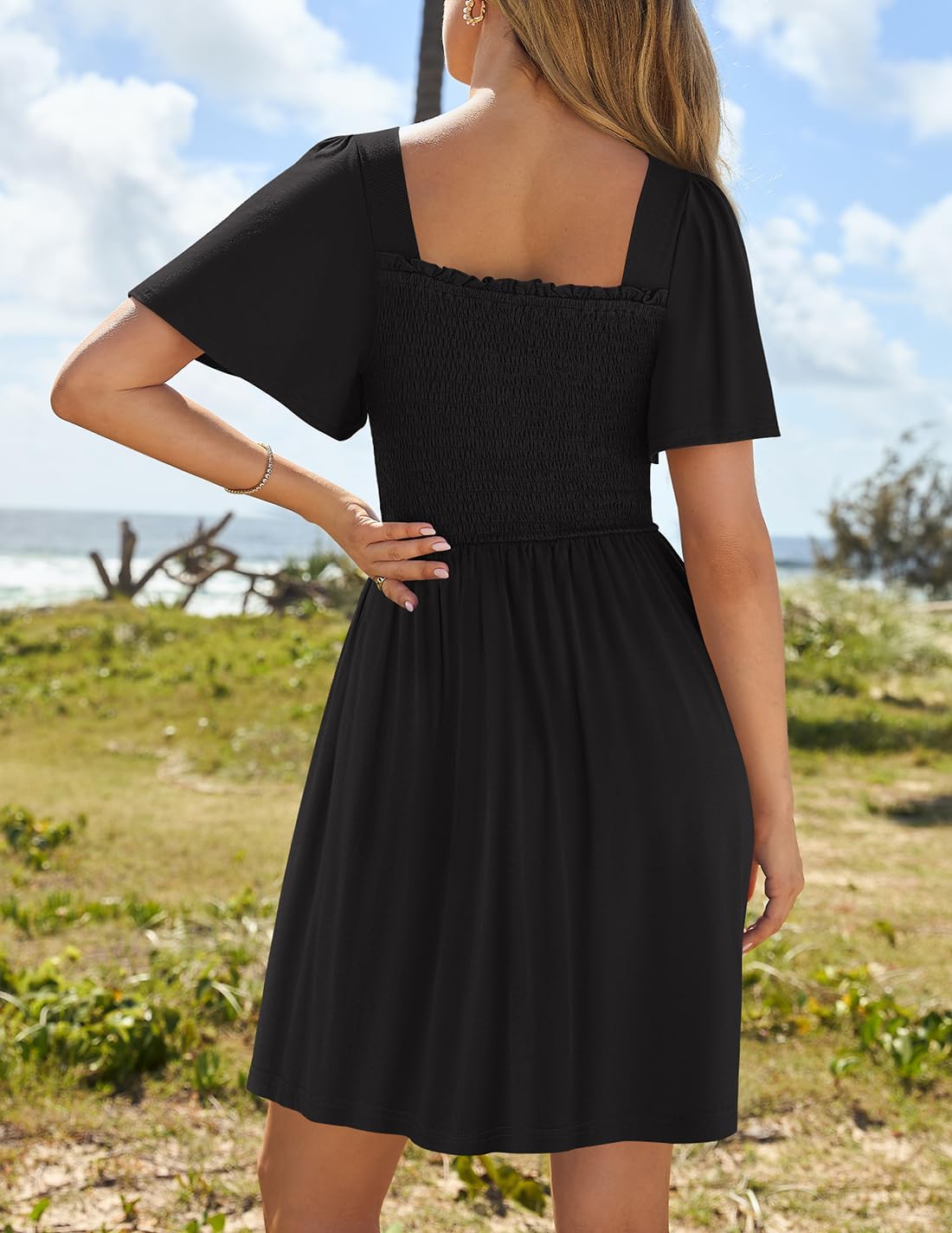 ZESICA Women's 2026 Summer Casual Mini Dress Flutter Short Sleeve Square Neck Smocked Tiered Ruffle Flowy Dresses - Image 4