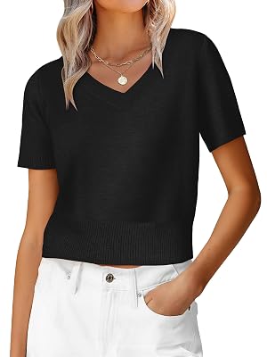 ANRABESS Womens Short Sleeve Sweaters Cropped V Neck Business Casual Lightweight Sweater Tops Summer Spring Clothes 2026