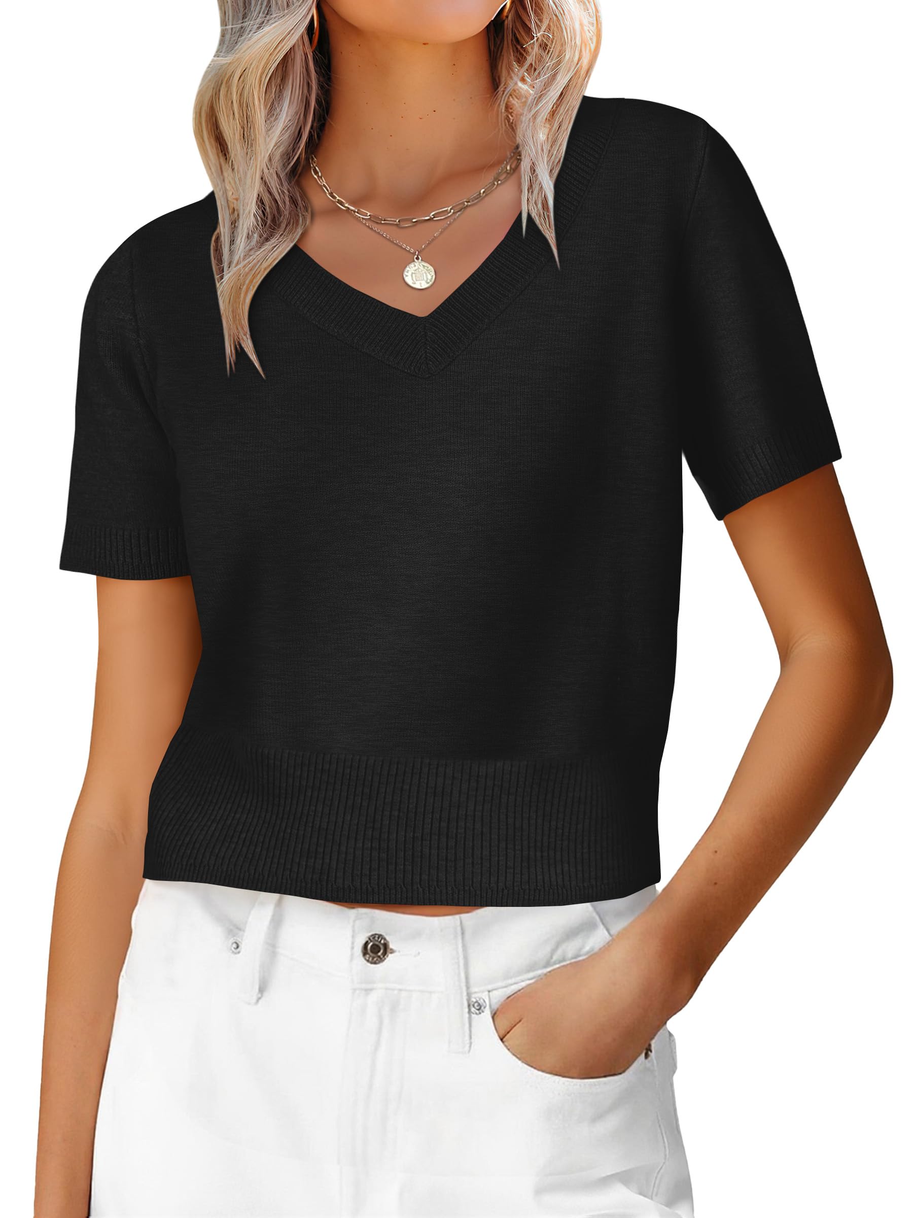 ANRABESS Womens Short Sleeve Sweaters Cropped V Neck Business Casual Lightweight Sweater Tops Summer Spring Clothes 2026