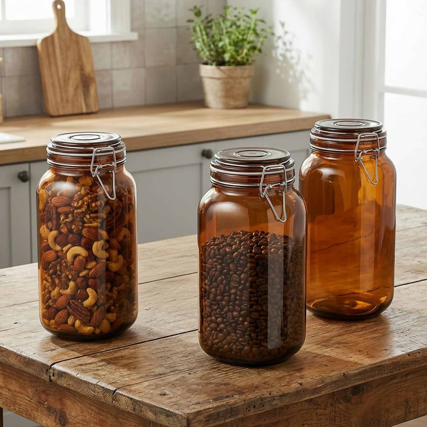 Norme 4 Pack 78oz Amber Airtight Glass Jars with Lids, Square Food Storage Container Airtight Food Wire Clip Fastening for Sauerkraut Flour Kitchen Sugar Cereal Kitchen Canning Pickling Mason Jars