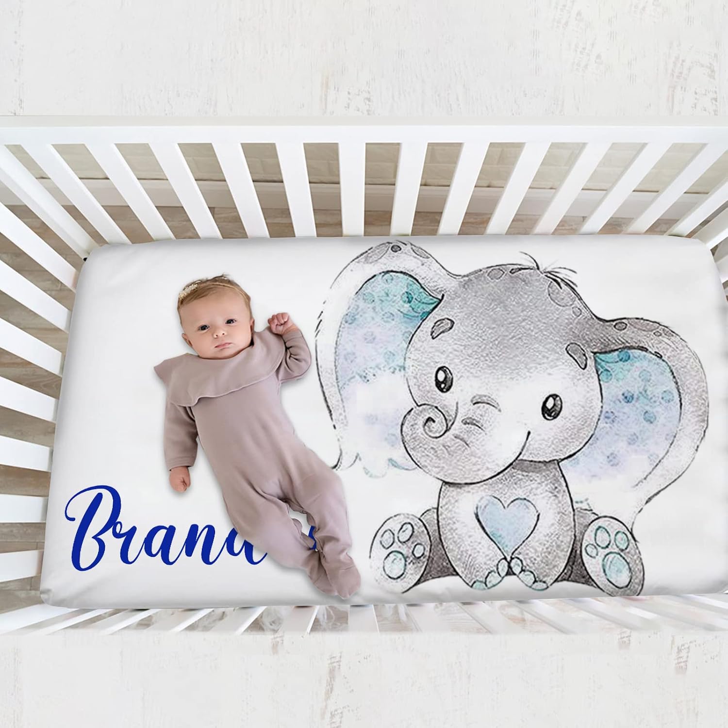 Elephant Baby Crib Sheet, Personalized Fitted Crib Bedding Sheet Blue with Name, Custom Pack and Play Sheets, Crib Mattress Sheets for Baby Boys, Mini Crib Sheet | Name Crib Sheets