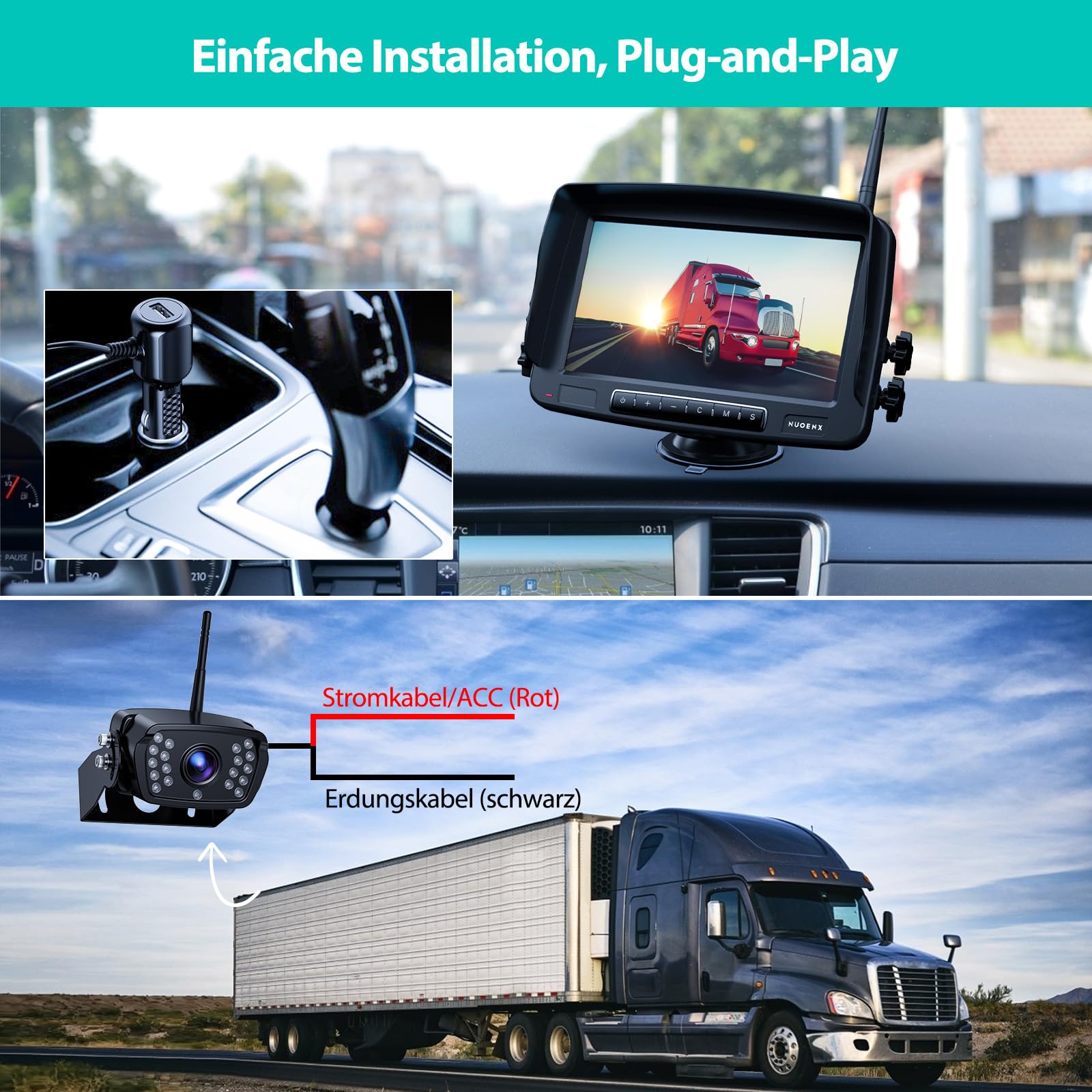 eRapta 7'' Kabellose Digital Rückfahrkamera Set, IP69 Wasserdicht, Nachtsicht für Wohnmobile Anhänger LKW