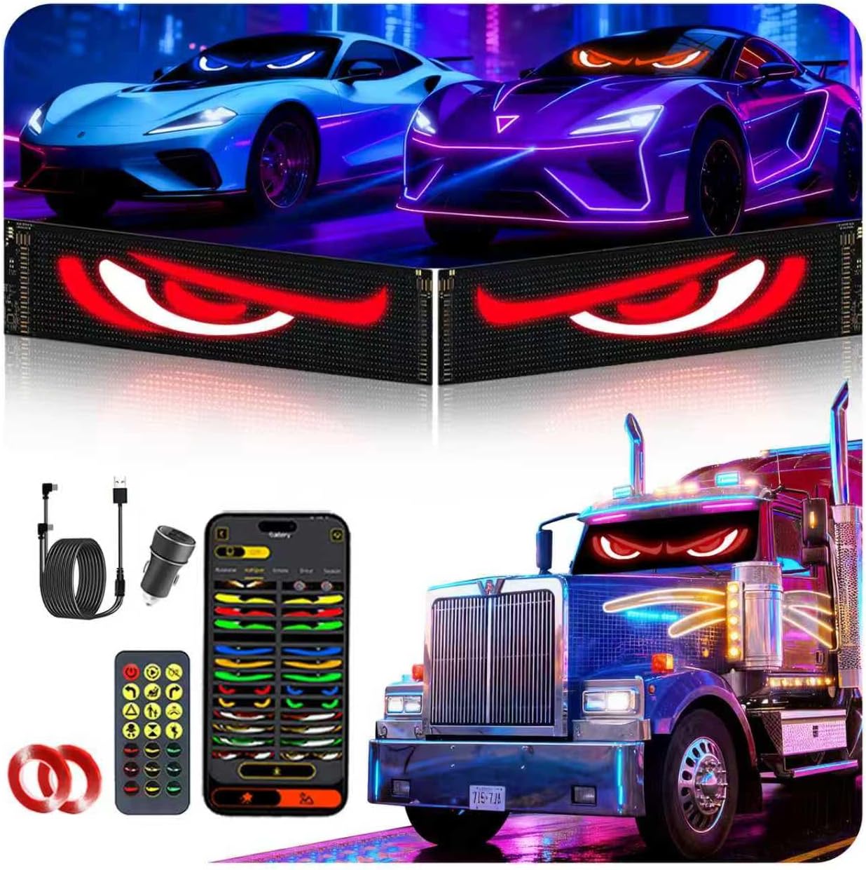 2PCs Devil Eyes Light for Cars Windshield ojos para carros with Remote Control APP Programmable LED Flex Screen IP65 Waterproof USB-Powered for Truck SUV Sedan Windows