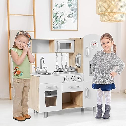 Miniatura 8 de Juego de cocina para niños, cocina de madera con teléfono, estufa, nevera, microondas, estufa, fregadero, dispensador de agua con sonido ligero,