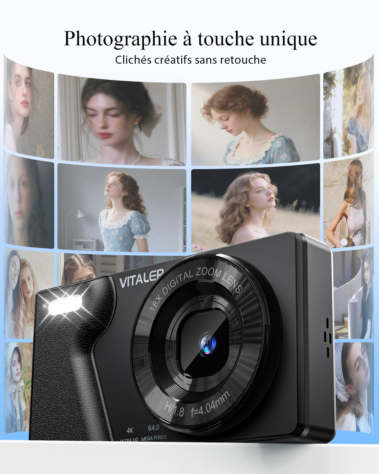 Appareil Photo Numérique 64MP 4K avec Double Objectif, Écran LCD 2,8", Batterie 2000 mAh, Coque en Alliage de Zinc, Zoom Numérique 18X pour Adolescents, Débutants(Noir,Pas DE Carte SD)