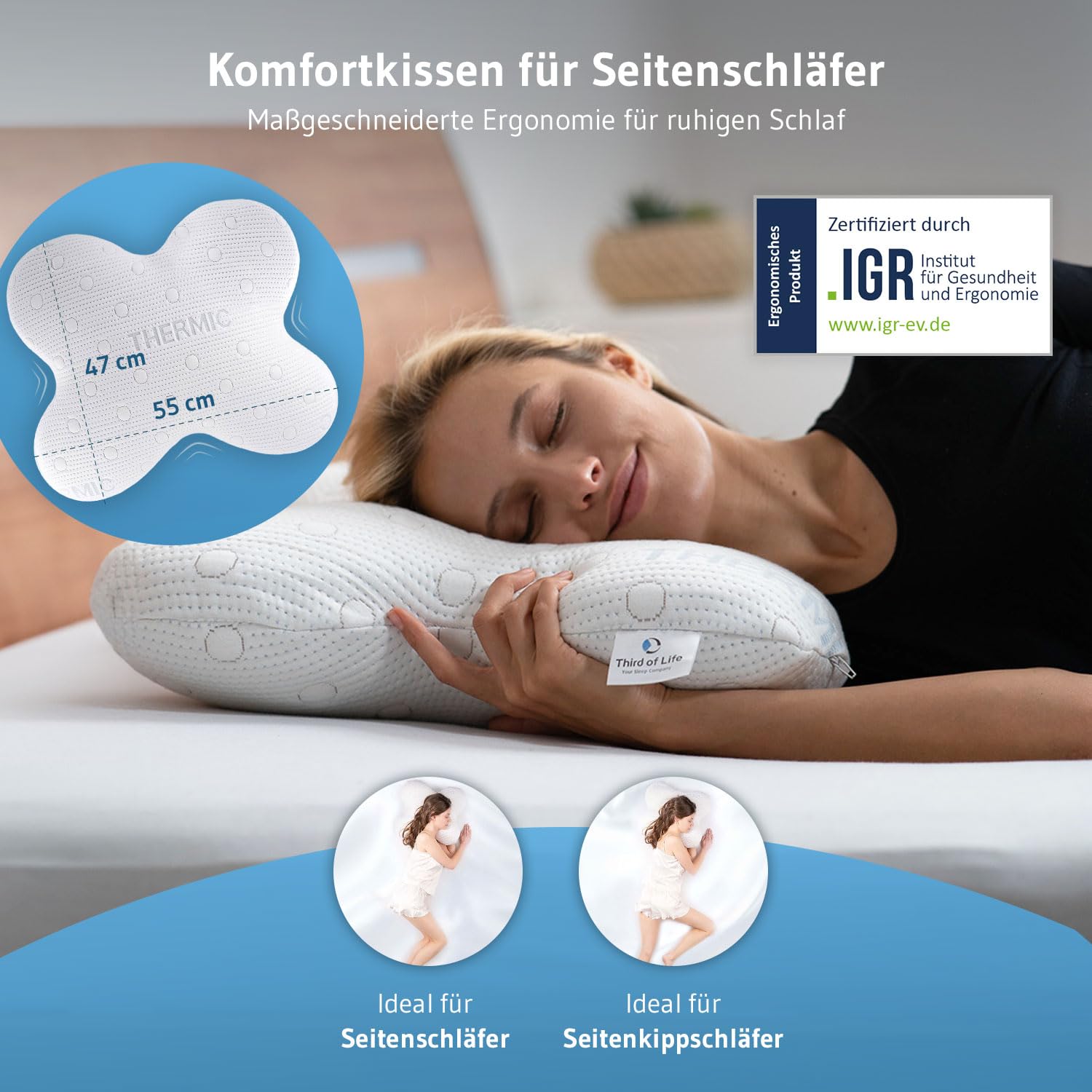 Seitenschläferkissen ACAMAR für erholsamen Schlaf, Vom Regenerationspartner des DSV Olympia Teams 2024, Schmetterlings-Kissen mit Thermo Bezug für Seitenschläfer, Ergonomisches Memory Foam-Kopfkissen