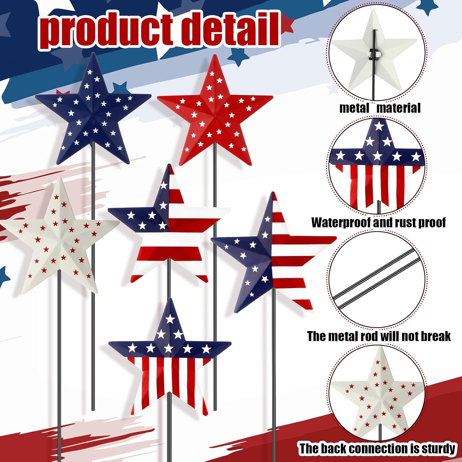 Pickmesh 6 Pcs 12" H 4th of July Outdoor Decor Patriotic Metal Yard Sign Star Red White Blue Garden Stake USA Flag American Yard Sign for Memorial Day Independence Day Decoration