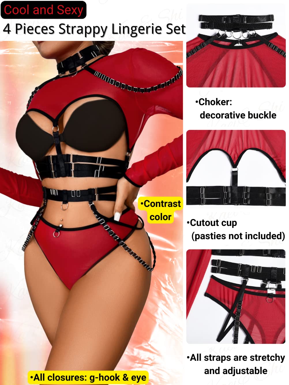 Kaei&Shi Rave Outfit, Adjustable Strappy, Contrast Color, Choker, Chain Belt: Red-black 8-10