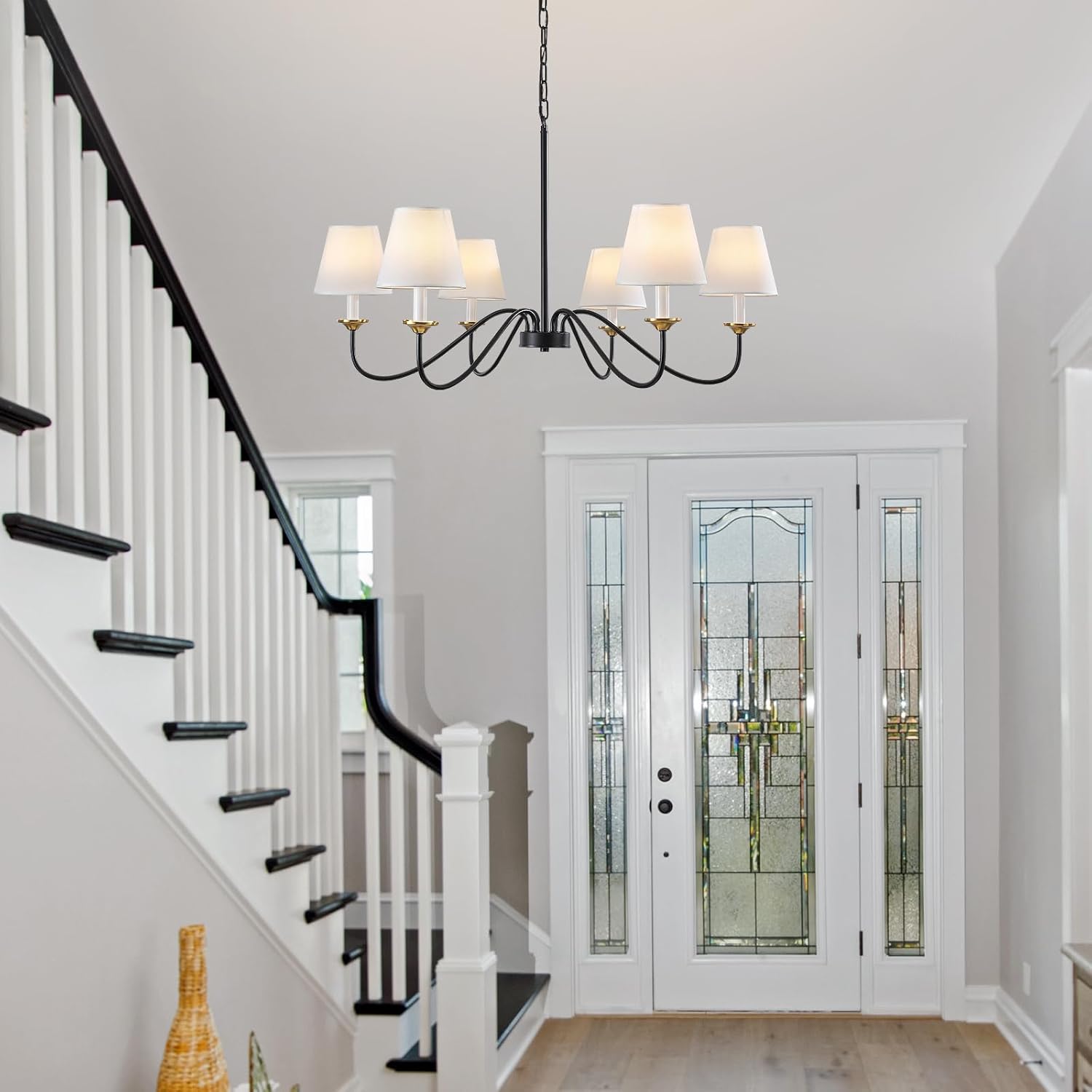 Chandelier with Shades, Black Farmhouse Chandelier for Dining Room - 6 Lights 35.8" Modern Light Fixture, Adjustable Pendant Lighting for Living Hallway Bedroom Foyer with White Fabric Shade