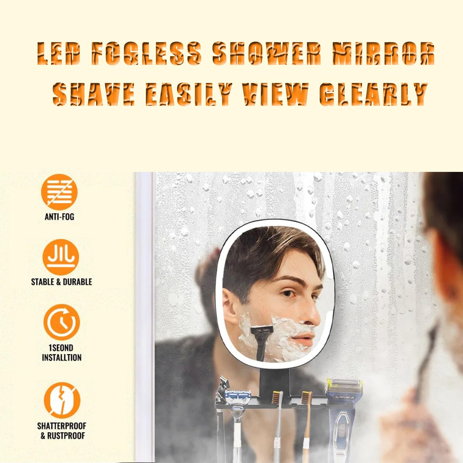 pltyfse Lighted Shower Mirror Fogless for Shaving,Bathroom Shaving Mirror with Storage Tray & Razor Holder, 3 Color Modes Dimming, Rechargeable Anti-Fog (with Light)
