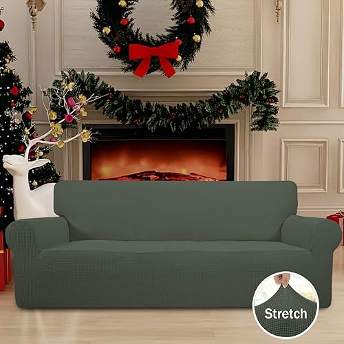 Vista 236 de Easy-Going - Funda elástica para sofá biplaza, 1 pieza, suave, con parte inferior elástica, protector para niños, tela jacquard de elastano y Gris