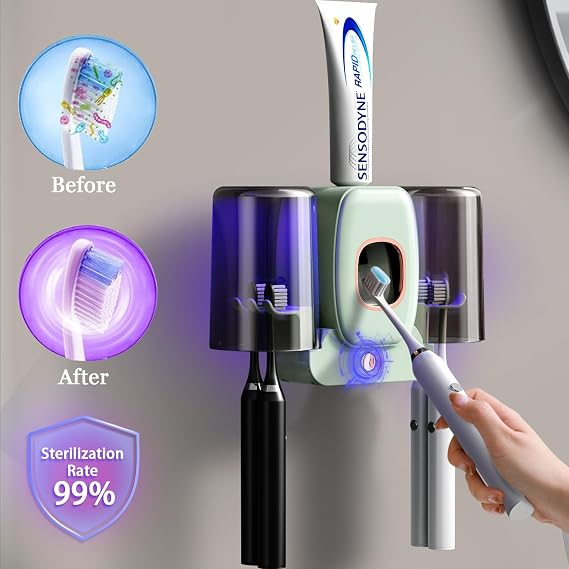 Toothbrush Holders for Bathrooms,Rechargeable Cordless Wall Mounted Tooth Brushing Holder,Electric Toothbrush Holder with 2 Cups,4 Toothbrush Slots,Toothpaste Dispenser (Green)