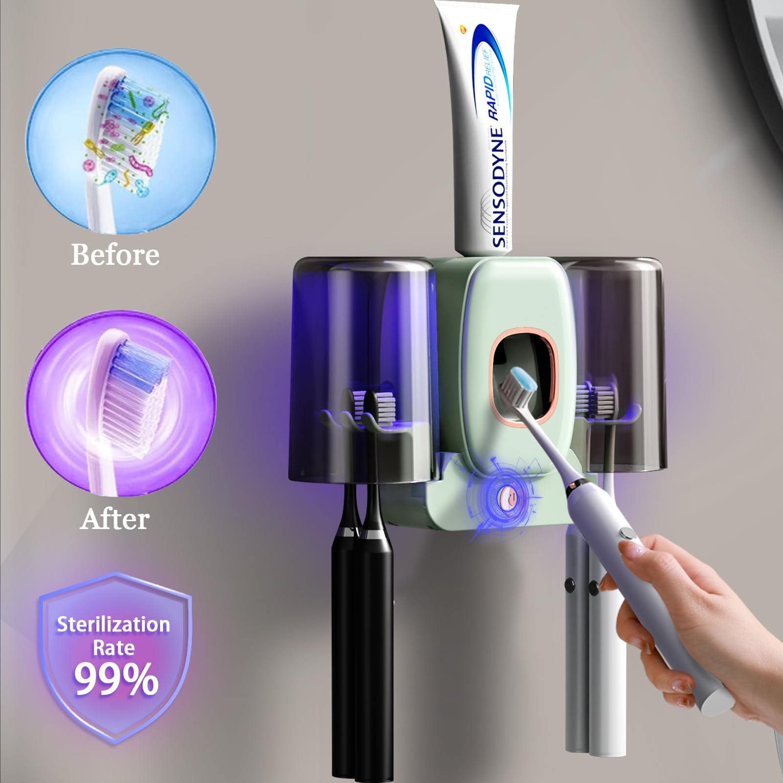 Portaspazzolino per bagno, ricaricabile, senza fili, montaggio a parete, porta spazzolino elettrico con 2 tazze, 4 scomparti per spazzolino da denti, dispenser di dentifricio (verde)