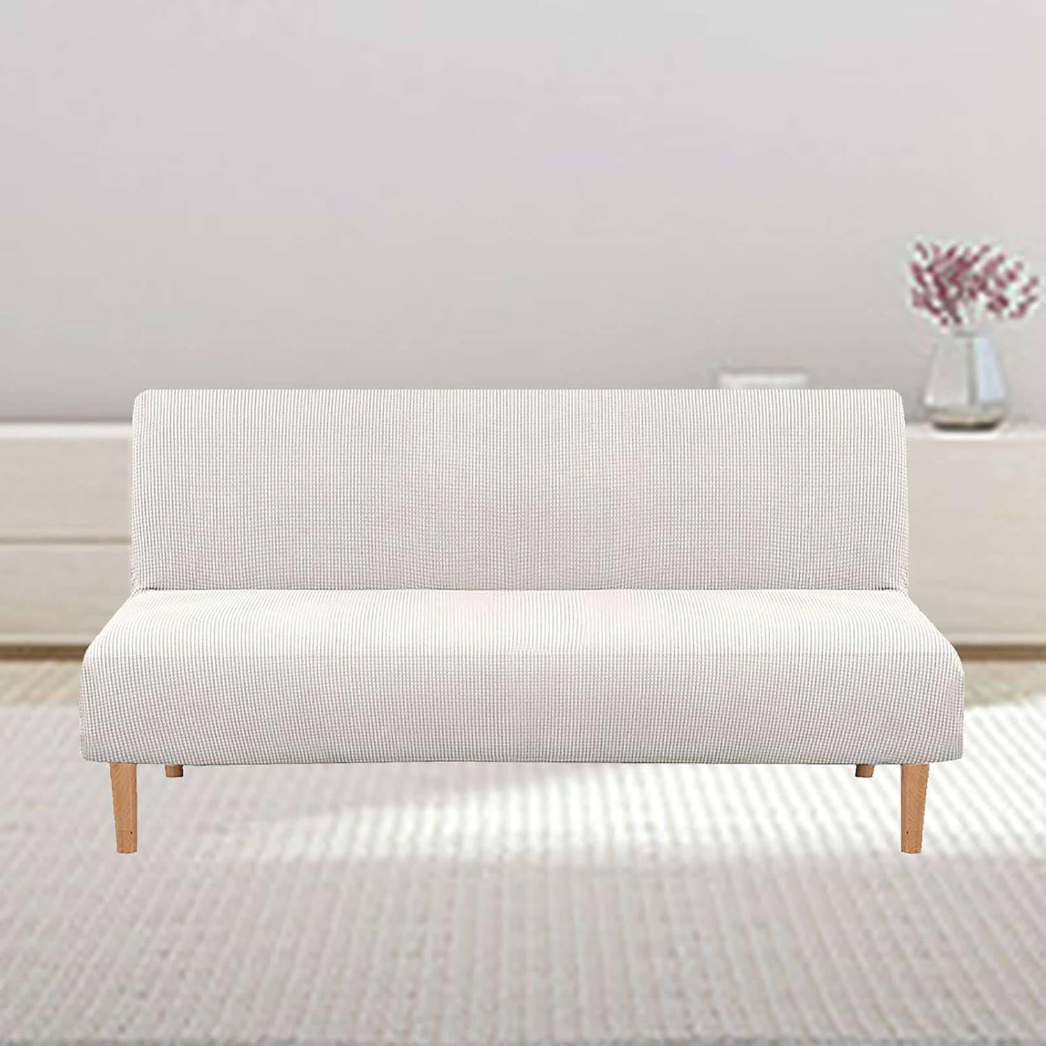 Stretch Futon Cover, Removable Futon Slipcover Soft Nonslip Folding Armless Sofa Cover Washable for Living Room-White-Large