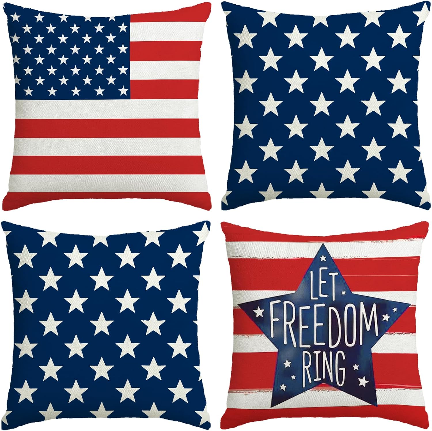 4th of July Pillow Covers 18x18 Inch,Set of 4 Red White Blue Summer Outdoor Throw Patriotic Pillow Covers,USA Flag Linen Fourth of July Independence Memorial Day Cushion Case for Sofa Couch Decor