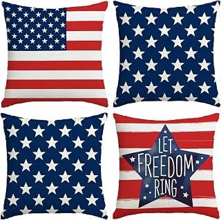 4th of July Pillow Covers 18x18 Inch,Set of 4 Red White Blue Summer Outdoor Throw Patriotic Pillow Covers,USA Flag Linen Fourth of July Independence Memorial Day Cushion Case for Sofa Couch Decor