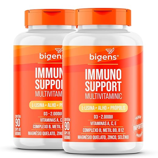 Immuno Support Multivitaminic com L-lisina, alho, própolis, Vitamina A, C, E, D3, Zinco, B9, B12, Magnésio & Selênio Bigens, Kit 2x 90 Cápsulas…