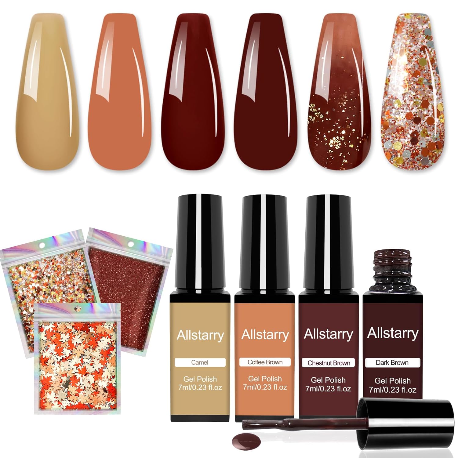 Allstarry Fall Gel Nail Polish, 4 Fall Nail Colors Autumn Nail Polish with Maple Leaf Glitters Burgundy Orange Brown Gel Polish Set Soak Off UV Lamp Cured for Women Gift Decoration