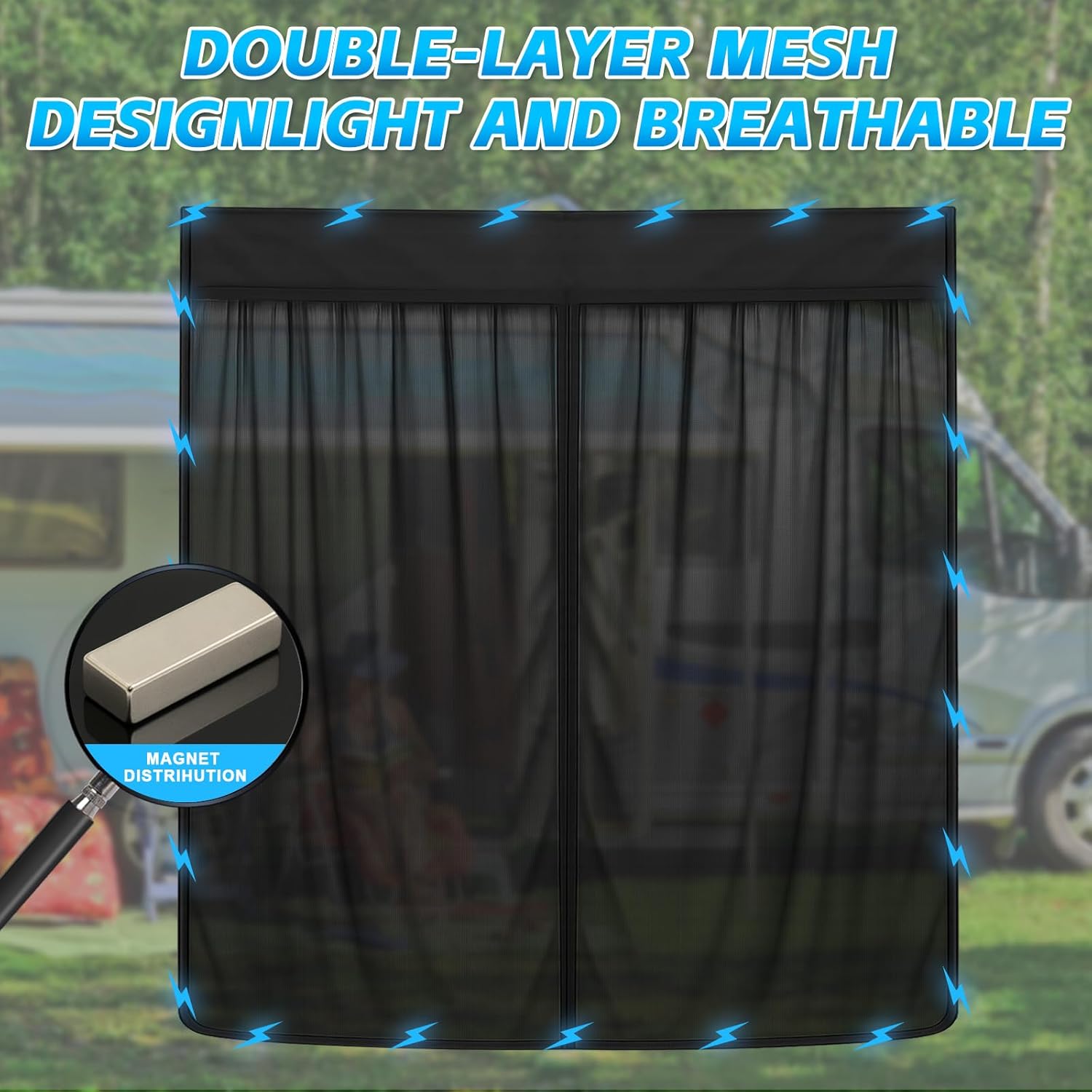 Magnetic Van Bug Screen Customized for Ford Econoline/Ford E-Series E-150 E-250 E-350 E450 1991-2025, Sliding Door Mosquito Net Center Zipper Closure Door Bug Mesh 59 inch(H) X 57 inch(W)