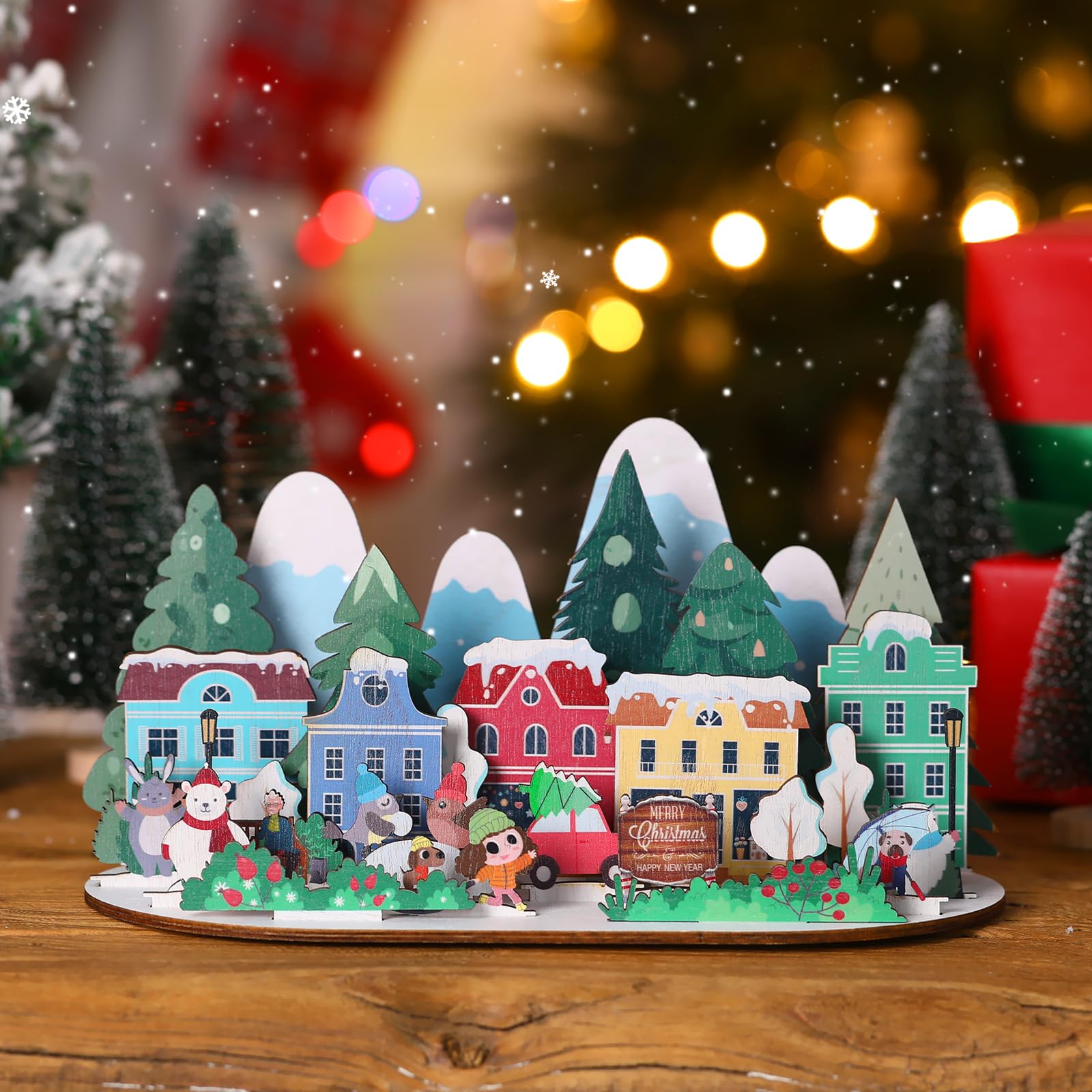 Colingmill Adventskalender aus Holz, Weihnachts-Countdown-Geschenk-Set mit 25 Geschenkumschlägen für Tisch Fenster Dekor Regale Tisch Mittelstücke Dekoration (Weihnachtsdorf)