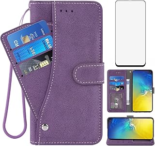 Asuwish Compatible with Samsung Galaxy S10e Wallet Case and Tempered Glass Screen Protector Flip Cover Credit Card Holder Stand Cell Phone Cases for Glaxay S 10e Gaxaly 10se Galaxies Se10 Women Purple