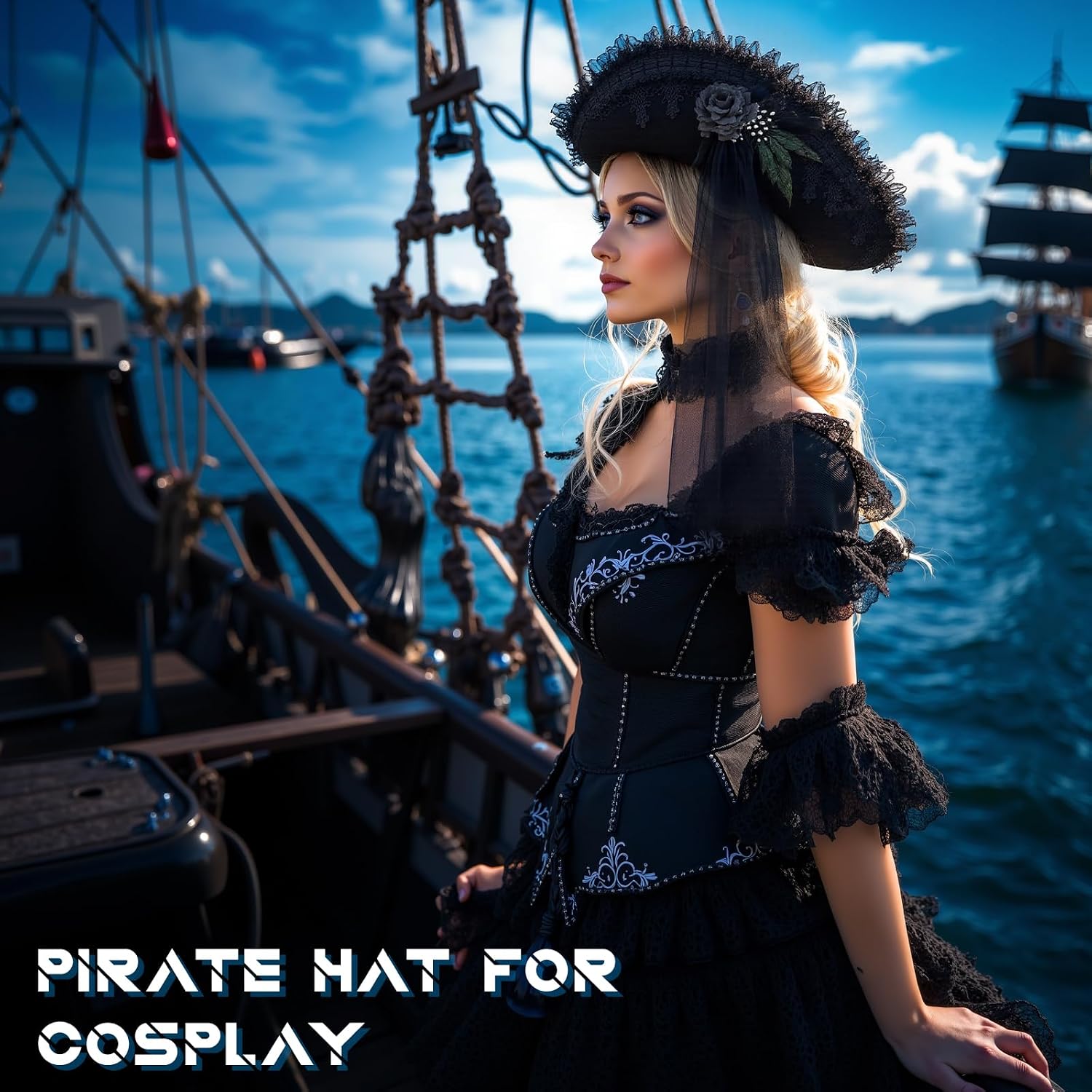 Pirate Hat for Woman, Black Feather Tricorn Hat for Pirate Costume Vintage Colonial Hats Cosplay Accessories for Halloween Theme Parties