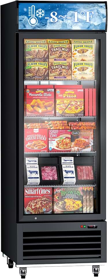 23 Cu.Ft Commercial Display Freezer with Glass Door, 27" Single Door Upright Merchandiser Freezer with LED Lighting, Adjustable Shelves and Lighted Canopy for Store, Grocery Store, Market