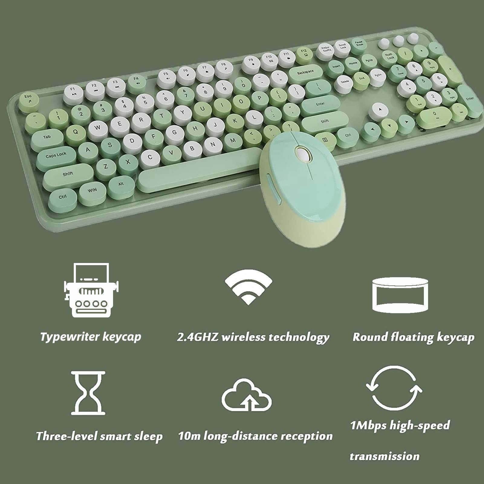 Bezprzewodowa Klawiatura i Mysz, Bezprzewodowa Klawiatura i Mysz 2,4 Ghz 104 Klawiszowa, Styl Retro Maszyny do Pisania, Konstrukcja z Wysokim Klawiszem, Pulpit Biurowy Urocza Klawiatura (Zielony)
