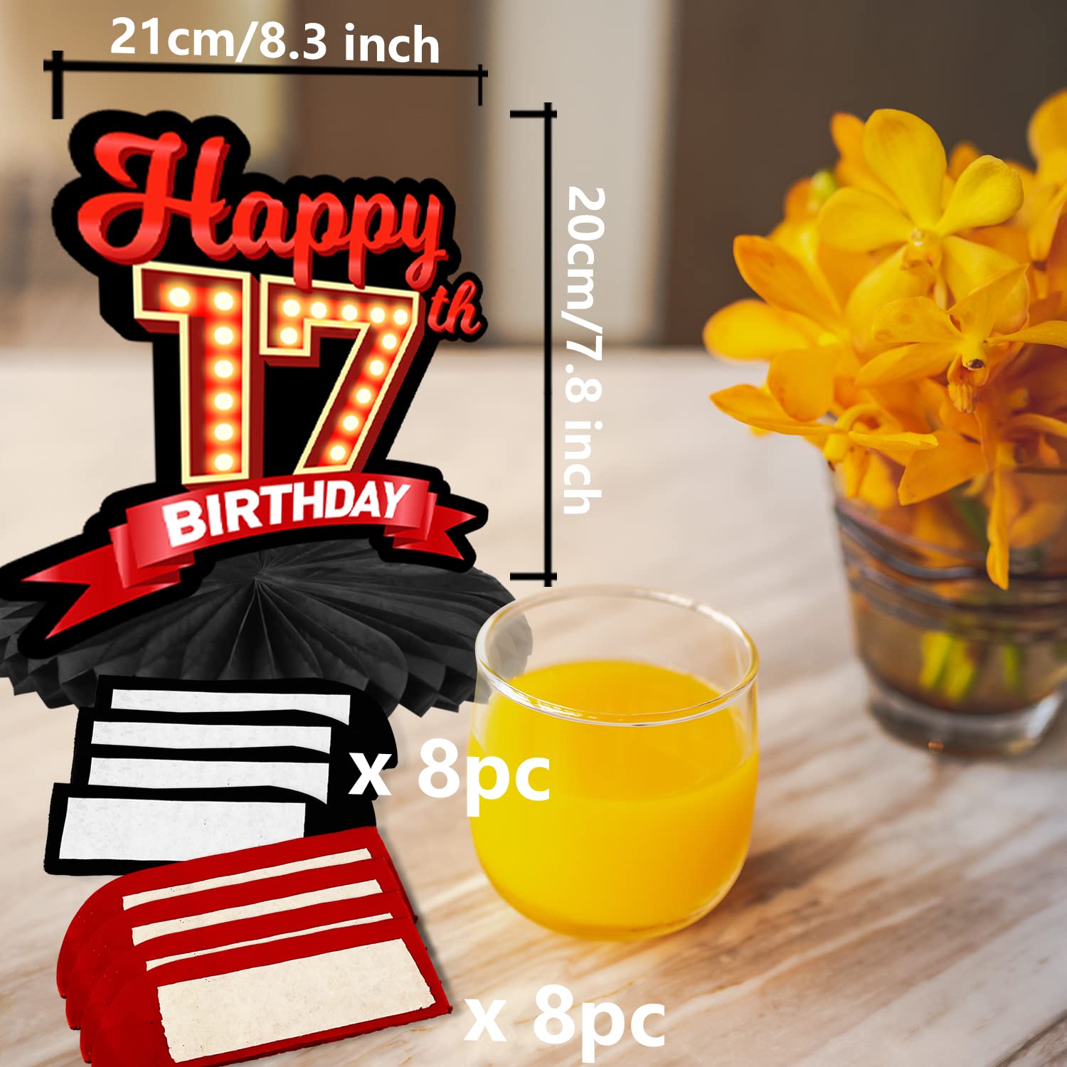 Happy 17th Birthday Honeycomb Centerpieces (8-Pack) - Red & Black Table Decor With Gold Accents
