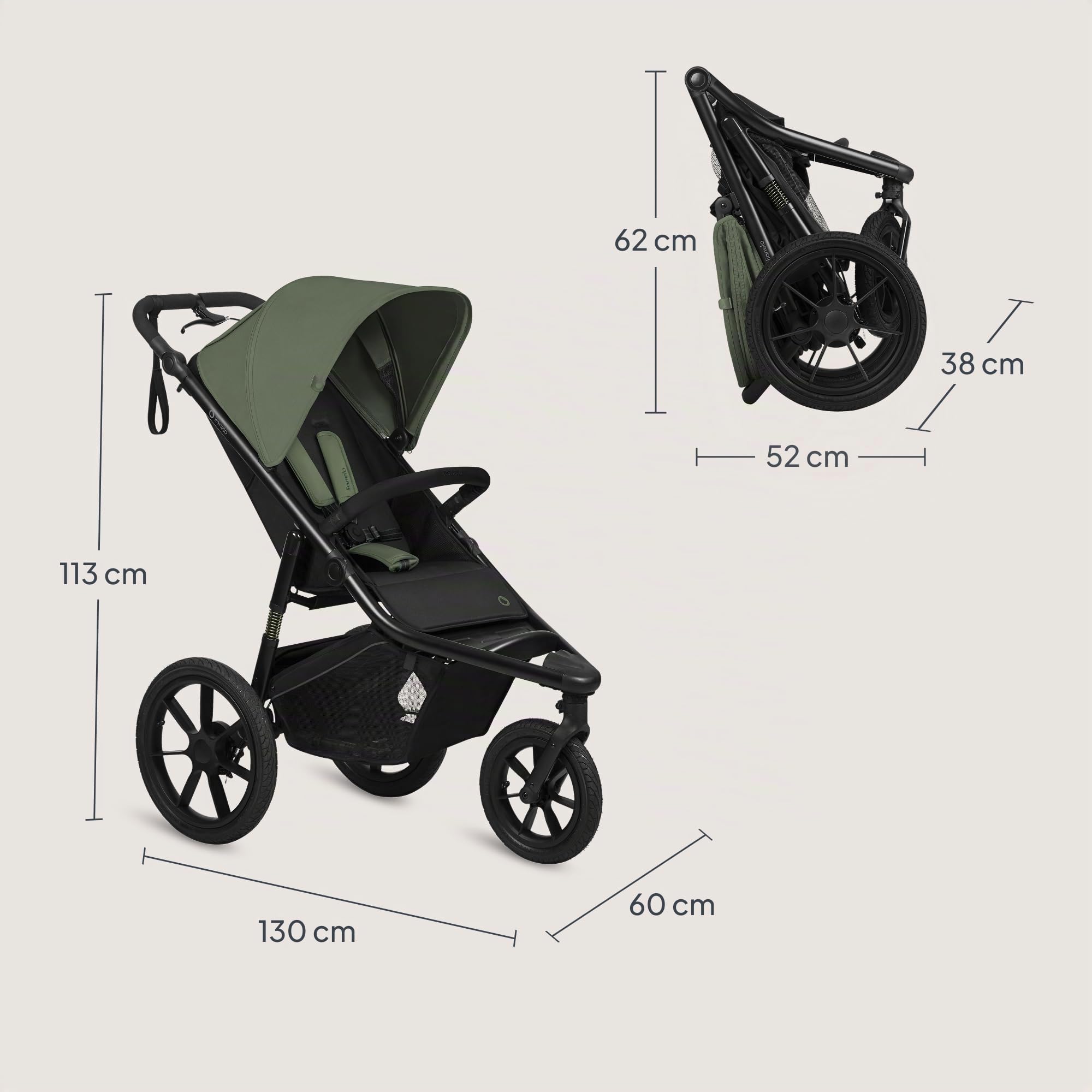 LIONELO AZURA Poussette Bébé de jogging de 6 mois à 22 kg Poussette 3 Roues de jogging Dossier Réglable pour Position Allongée Grandes Roues Gonflables Amortissement Complet Auvent XXL (Green)