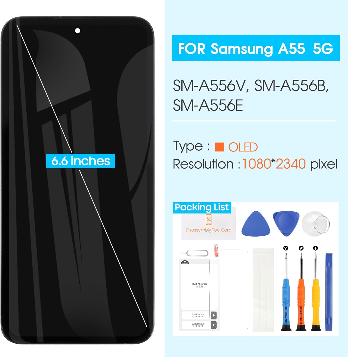 OLED for Samsung Galaxy A55 5G A556 LCD Screen Replacement - for Galaxy A55 5G LCD Digitizer Touchscreen A556B SM-A556B/DS SM-A556E Glass Sensor Assembly Kits (with Frame, Support Fingerprint)