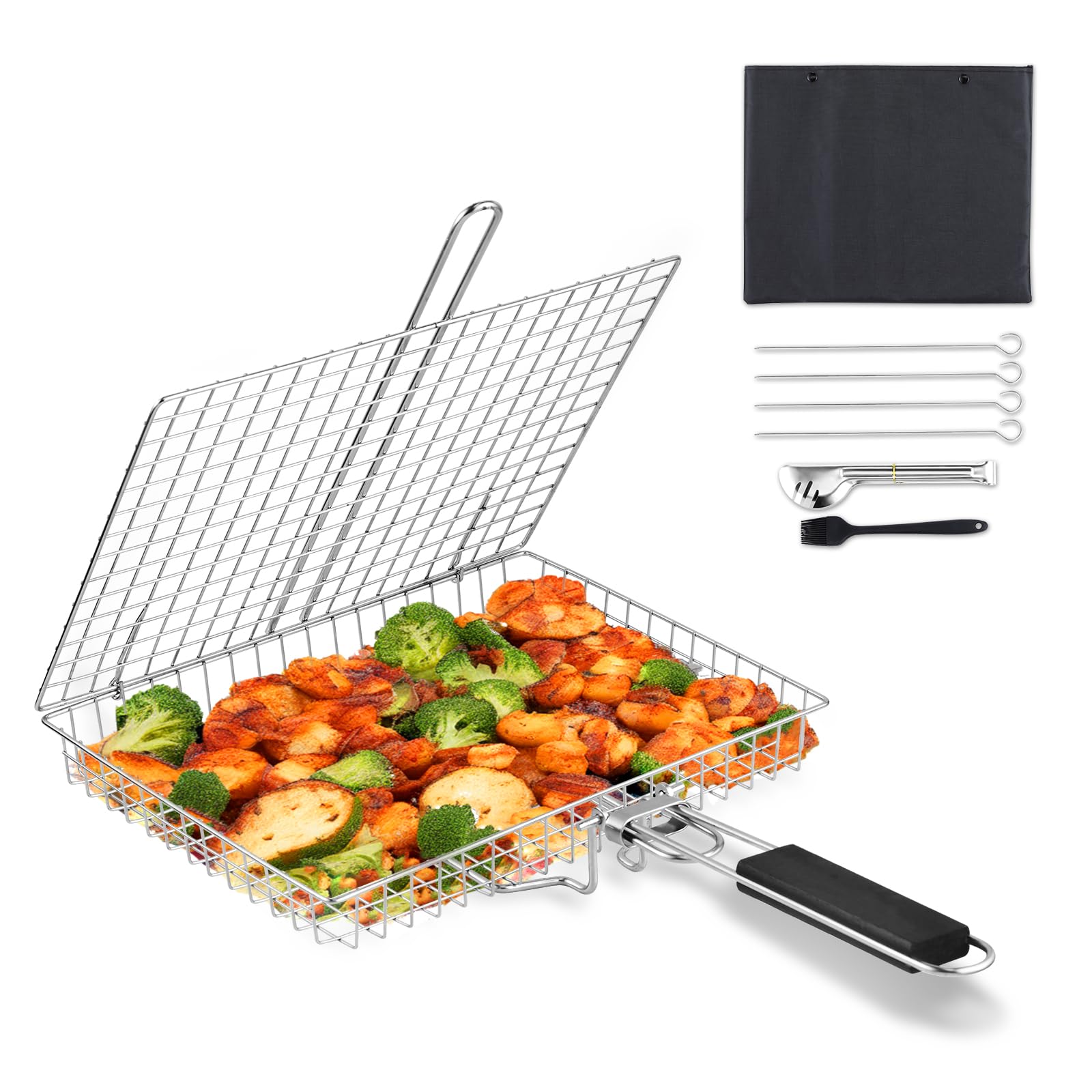 BEWOS Cestino per Grigliate di Pesce, Griglia Barbecue in Acciaio Inox con Borsa e Spazzola, Pieghevole e Portatile, Graticola per Barbecue con Manico Rimovibile per Bistecche di Pesce e Verdure