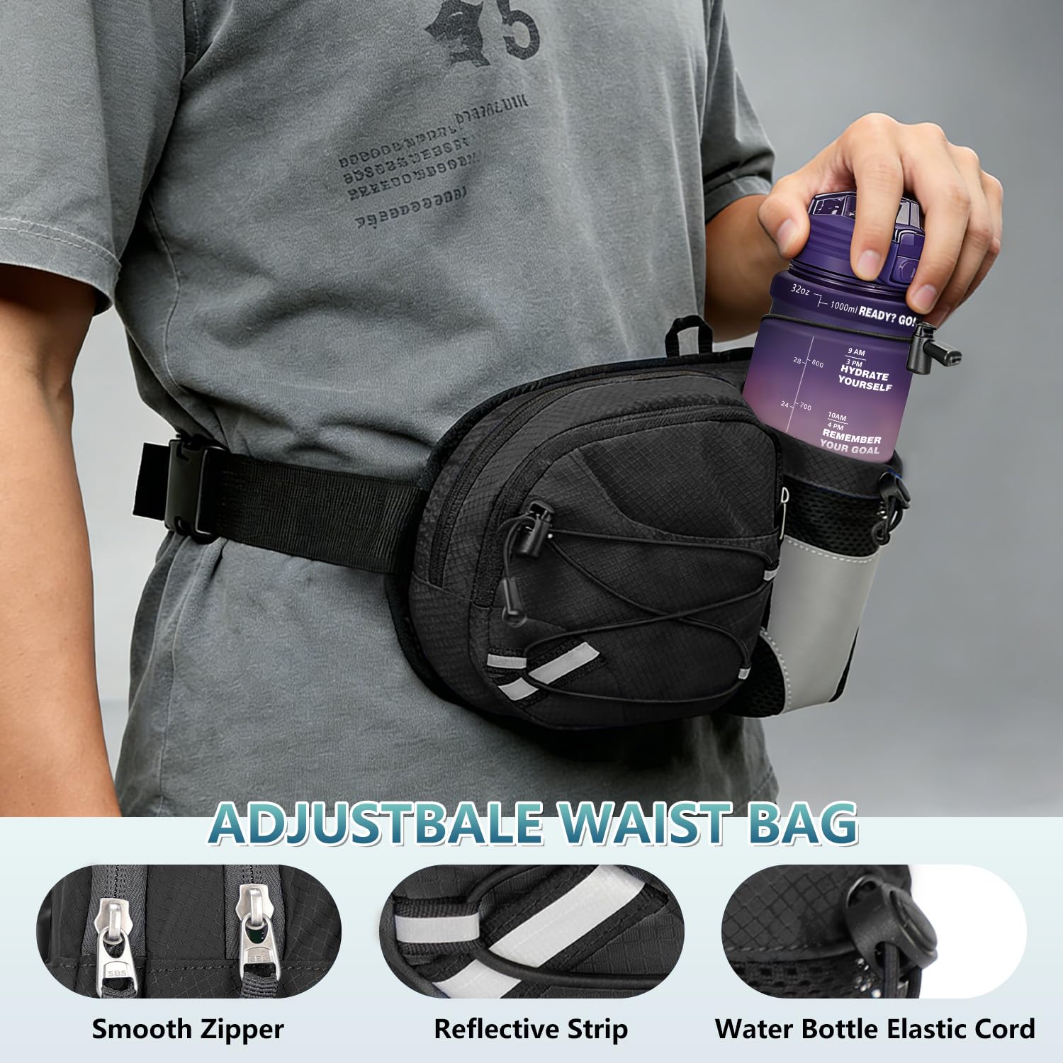 Gürteltasche mit Flaschenhalter Bauchtasche Trinkgürtel Gurt Verstellt Hüfttasche für Running Wandern Reise Camping Hundetraining für Damen und Herren