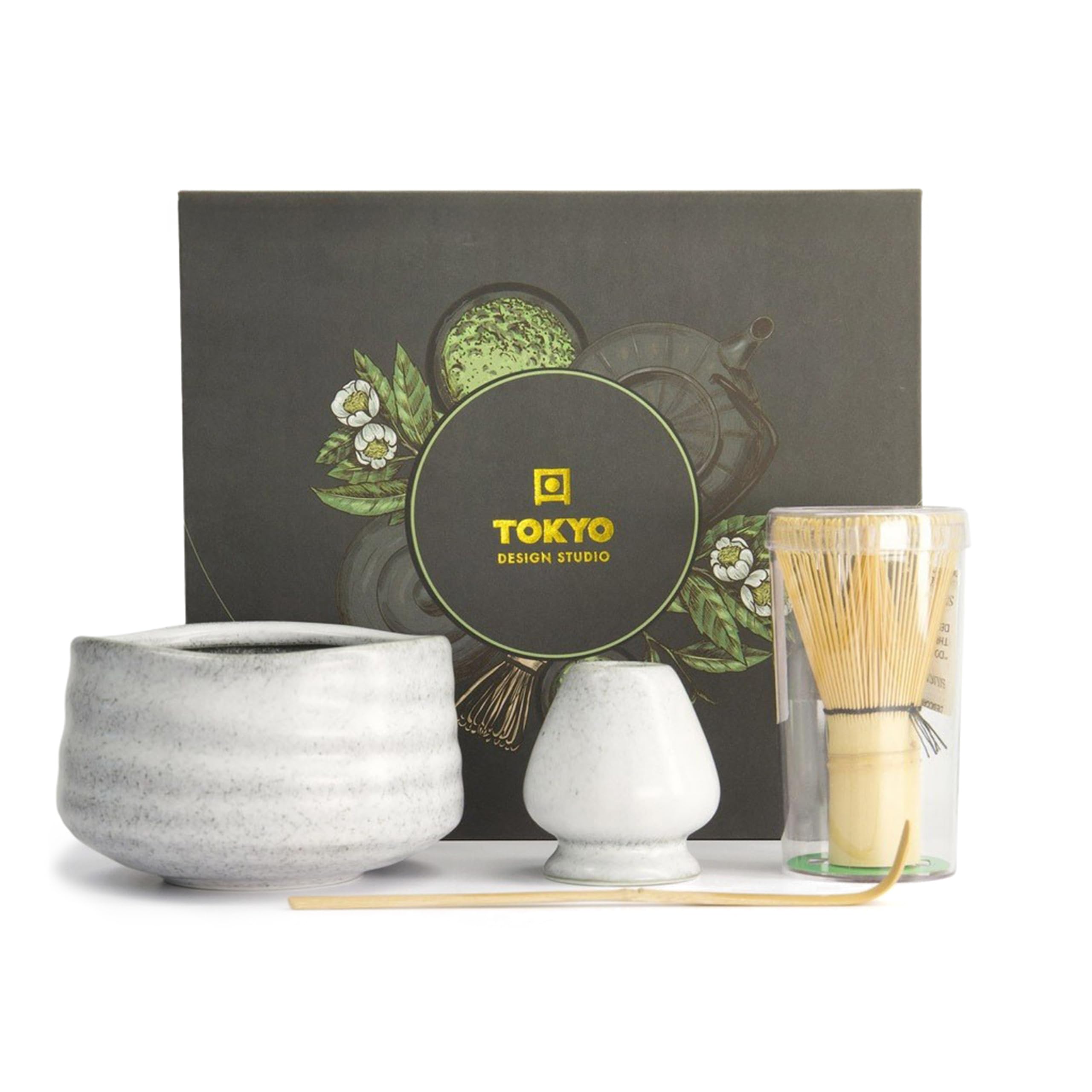 TOKYO design studio Lot de 4 pièces à matcha dans un emballage cadeau de qualité supérieure - Avec bol à matcha, fouet en bambou, cuillère en bambou et support pour fouet - Cérémonie traditionnelle du