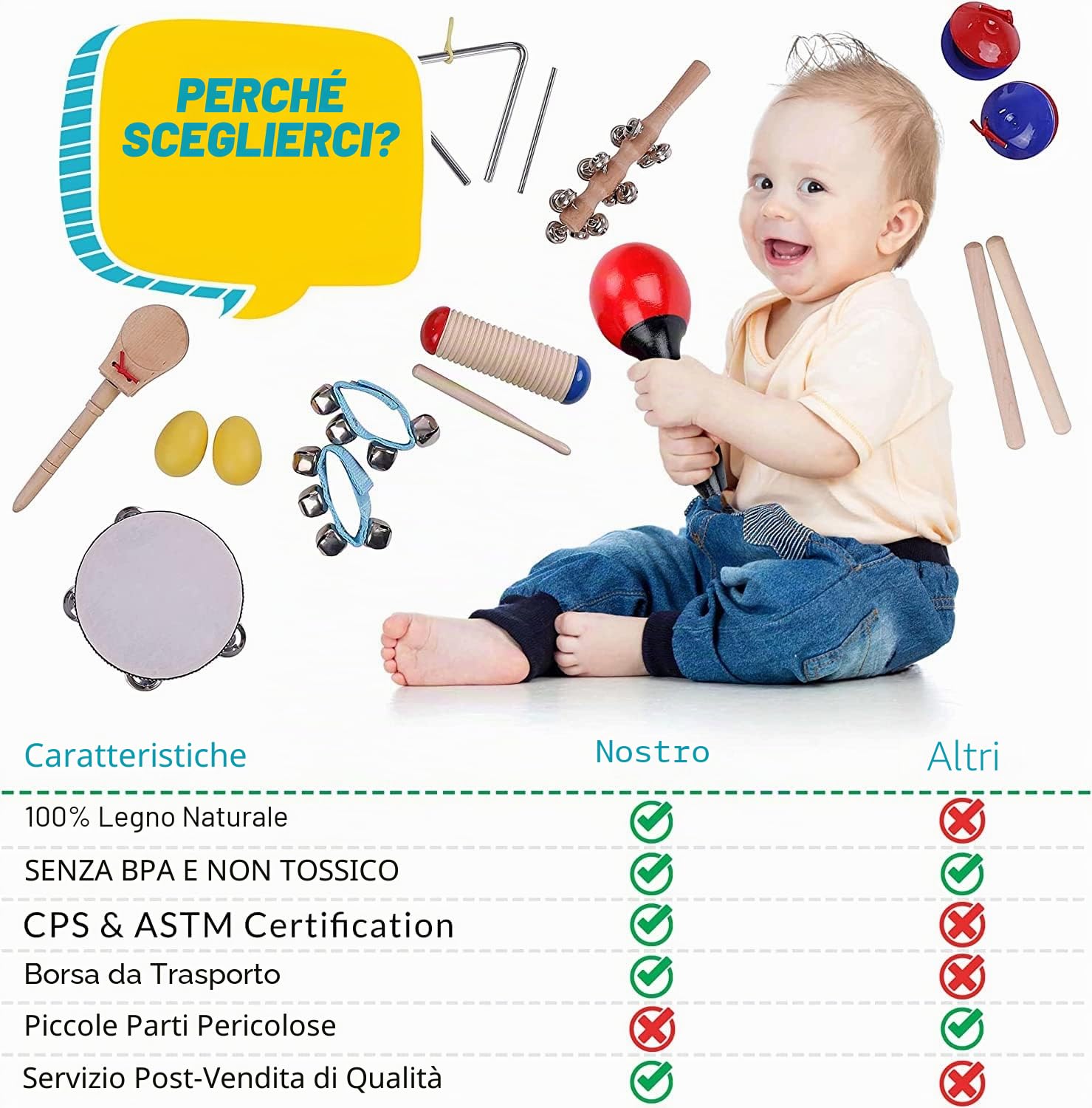 Strumenti Musicali Bambini 16 pezzi di Boxiki Kids, Ritmo e Giocattoli Musicali Compreso Legnetti Musicali, Shaker, Tamburello, Campanelli da Polso e Maracas per Bambini da 1 a 3 Anni