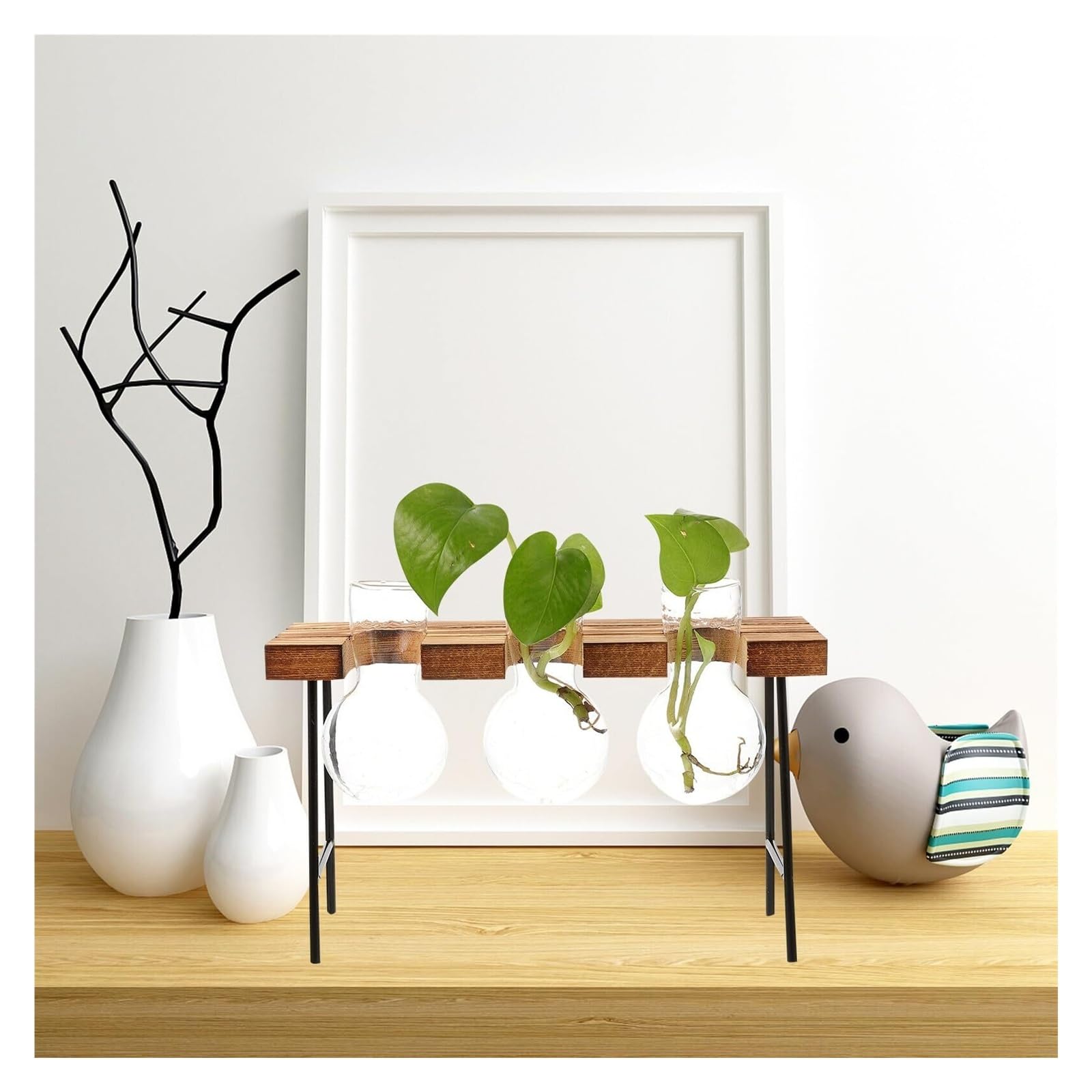 Vases à Fleurs Vase hydroponique en Verre avec Cadre Bois, Ensemble de Trois tabourets Ronds, Station Propagation Plantes décoratives Décoration intérieure