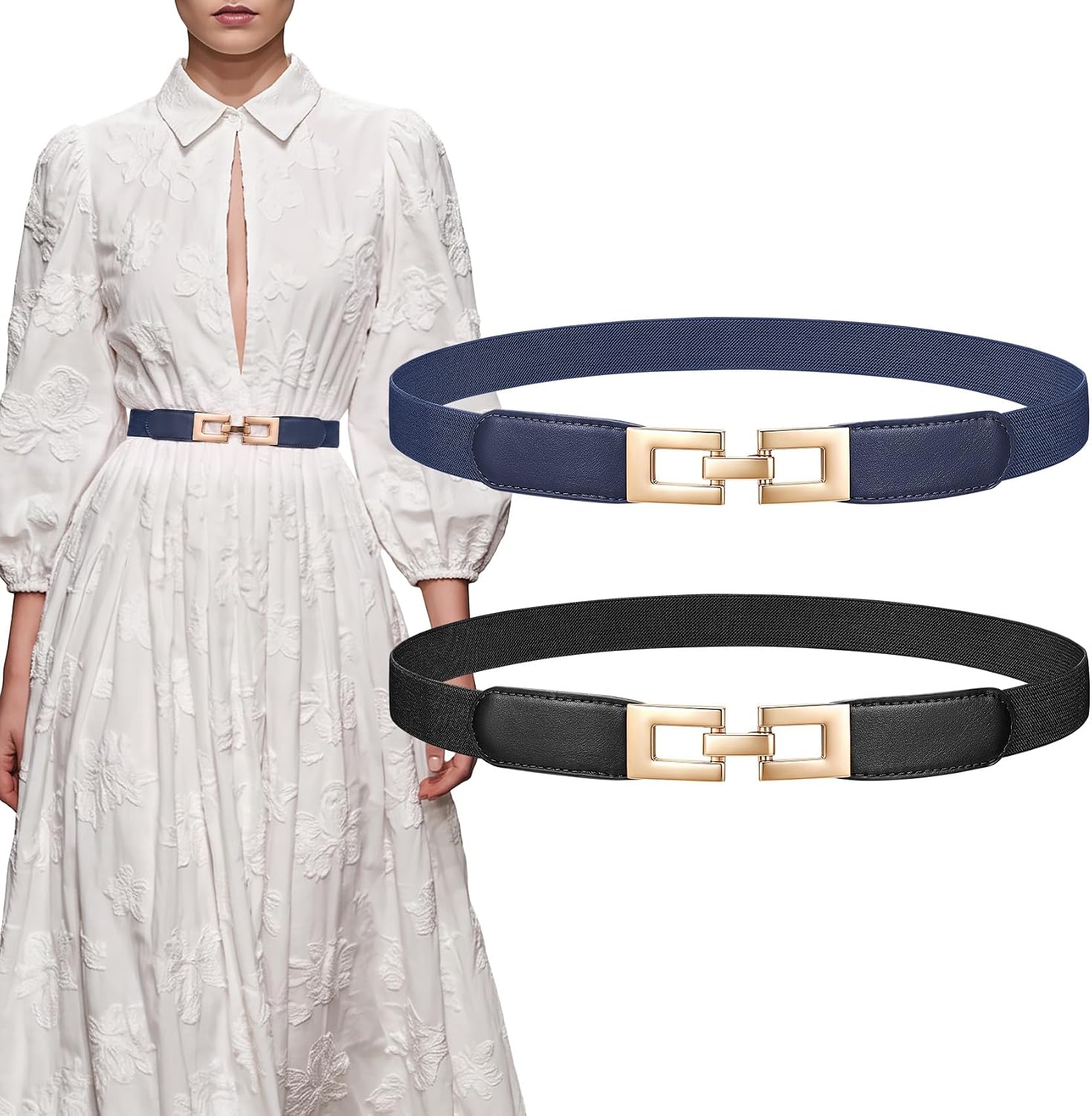 XZQTIVE 2 Pack Women Thin Elastic Belts for Dress,Trendy Skinny Stretchy Belt for Women,Waist Belt with Golden Buckle