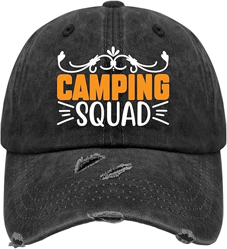 Camping Squads in Orange and White Letters Caps Womens Cap AllBlack Womens Hat Gifts for Boyfriends Outdoor Hat